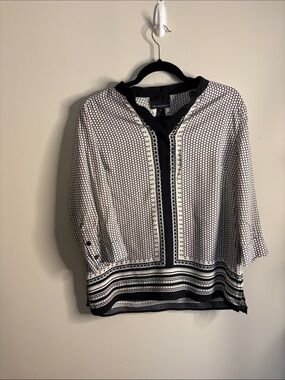Cynthia Rowley Black & White Geometric Split-Neck Blouse
